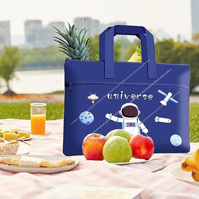 Stylish Cartoon Print Tote Bag File Bag Pencil Case Tuition Bag School Supplies Bag Multi-Purpose Reusable Travel Accessories Portable Carrying Bag for Kids (Blue)