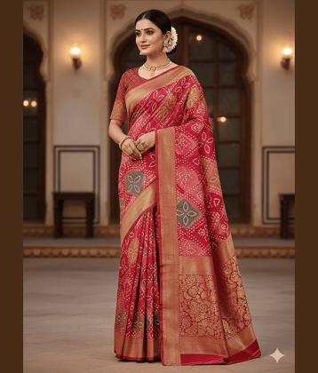 Sitanjali Lifestyle Silk Blend Printed Bandhani Sarees With Unstitched Blouse Piece ( Red )