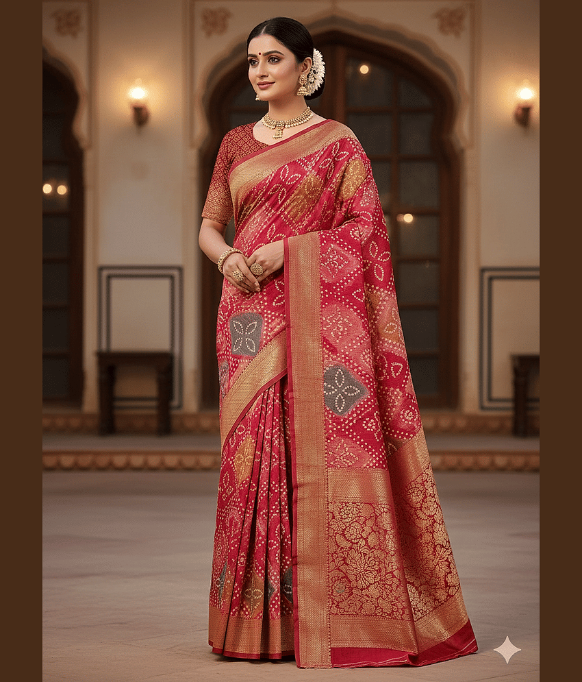 Sitanjali Lifestyle Silk Blend Printed Bandhani Sarees With Unstitched Blouse Piece ( Red )
