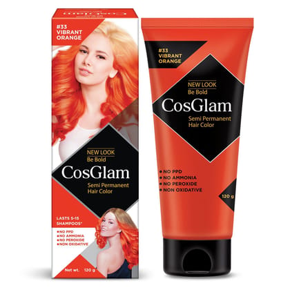 COSGLAM Semi Permanent Hair Color, No Peroxide, Non Oxidative, Ammonia Free Hair Colour 33 Vibrant Orange - 120gm COSGLAM Semi Permanent Hair Color, No Peroxide, Non Oxidative, Ammonia Free Hair Colour 33 Vibrant Orange - 120gm