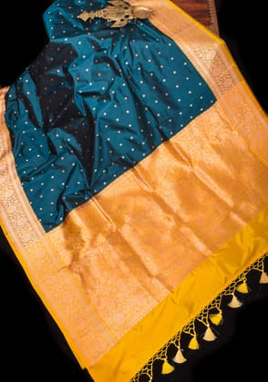 Prussian Blue Banarasi Katan Silk Saree with chunri buttis and contrast Mustard Border | SILK MARK CERTIFIED