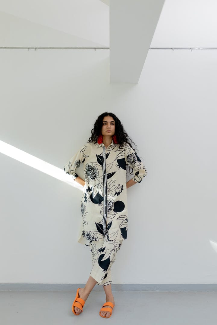 Cream pomegranate print tunic and pants Co-Ord-S
