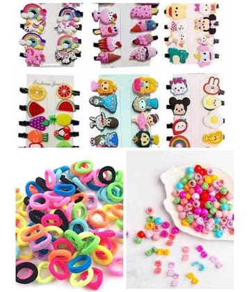 50 Pieces Hair Accessories Combo - Mini Hair Beads Claw | Cartoon Hair Clips | Mini Rubber Band - Multicolor for Women & Girls