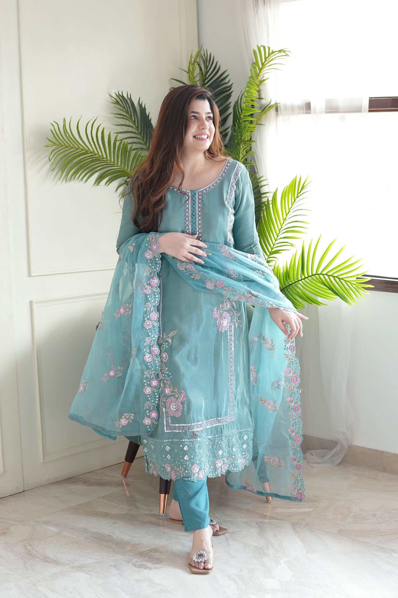 Heeriya Green Embroidered Suit Set-XL