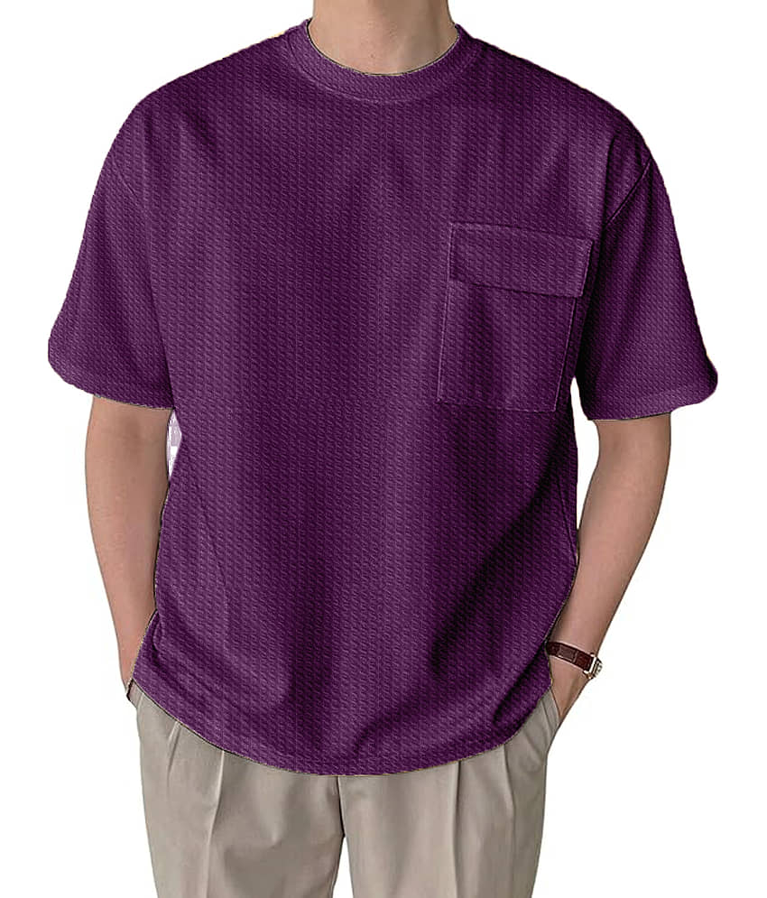 LEWEL Polyester Regular Fit Self Design Half Sleeves Men's Round T-Shirt - Purple ( Pack of 1 )