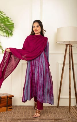 Wine And Grey Rope Tie Dye Kurta Set-S