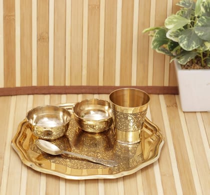 Handcrafted Pure Brass with Beautiful Embossed Design, 5 Piece Bhog Thali, Dinnerware, Tableware