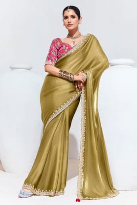 Golden Embroidered Organza Saree