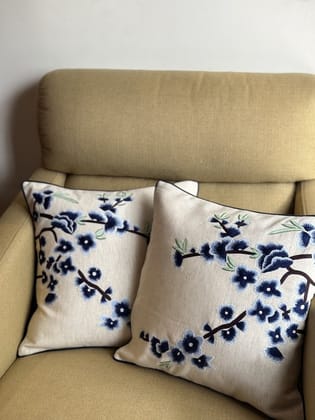 KRI India Bloom Snow Glory Cushion Cover|24x24 inches | Ivory with Navy embroidery  | Wash & Care | 100% Cotton | Handcrafted in India. 100% organic & natural.