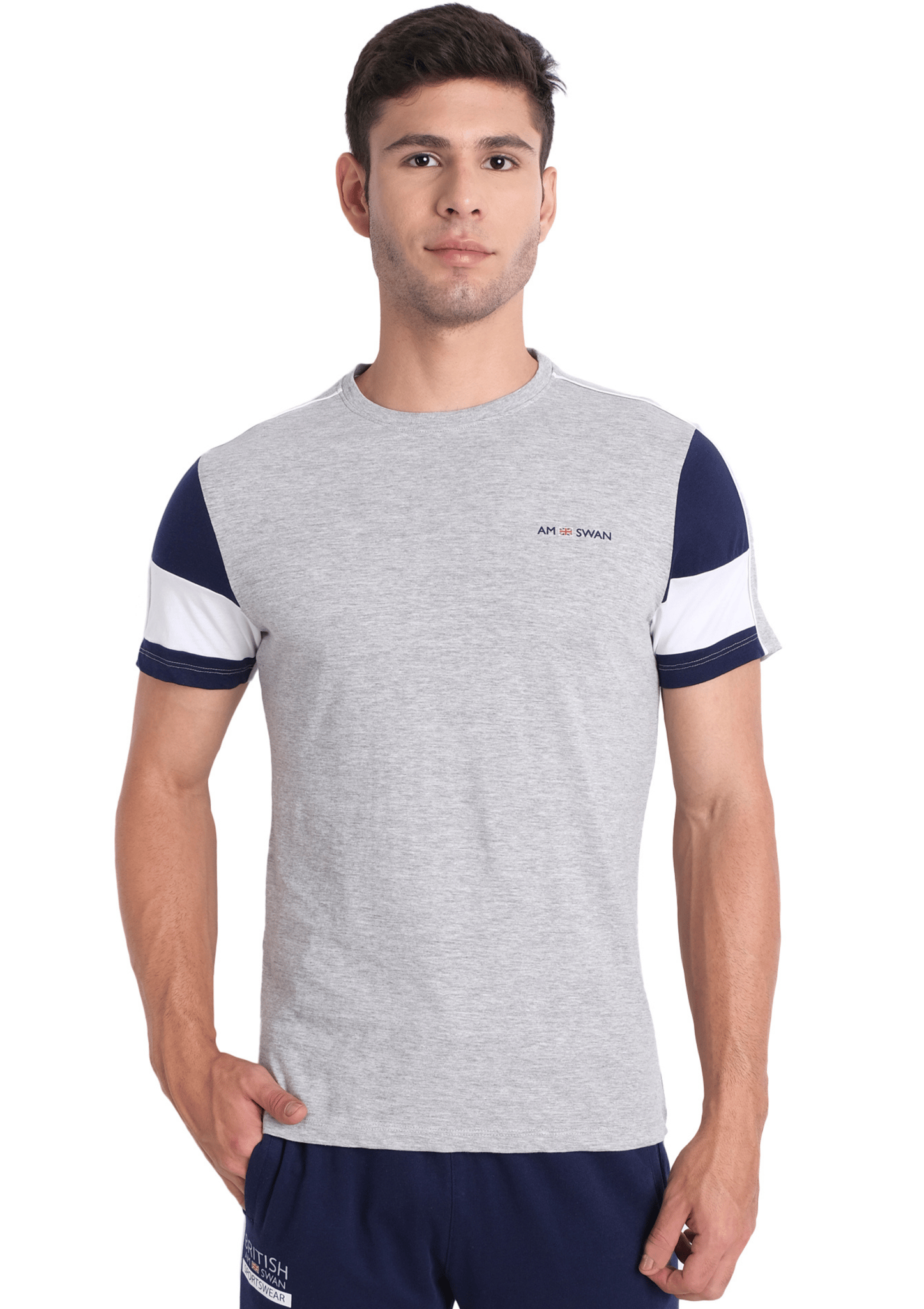 Mens Premium Cotton Colourblock Printed Half Sleeve Crew Neck T-Shirts-S / Grey Melange