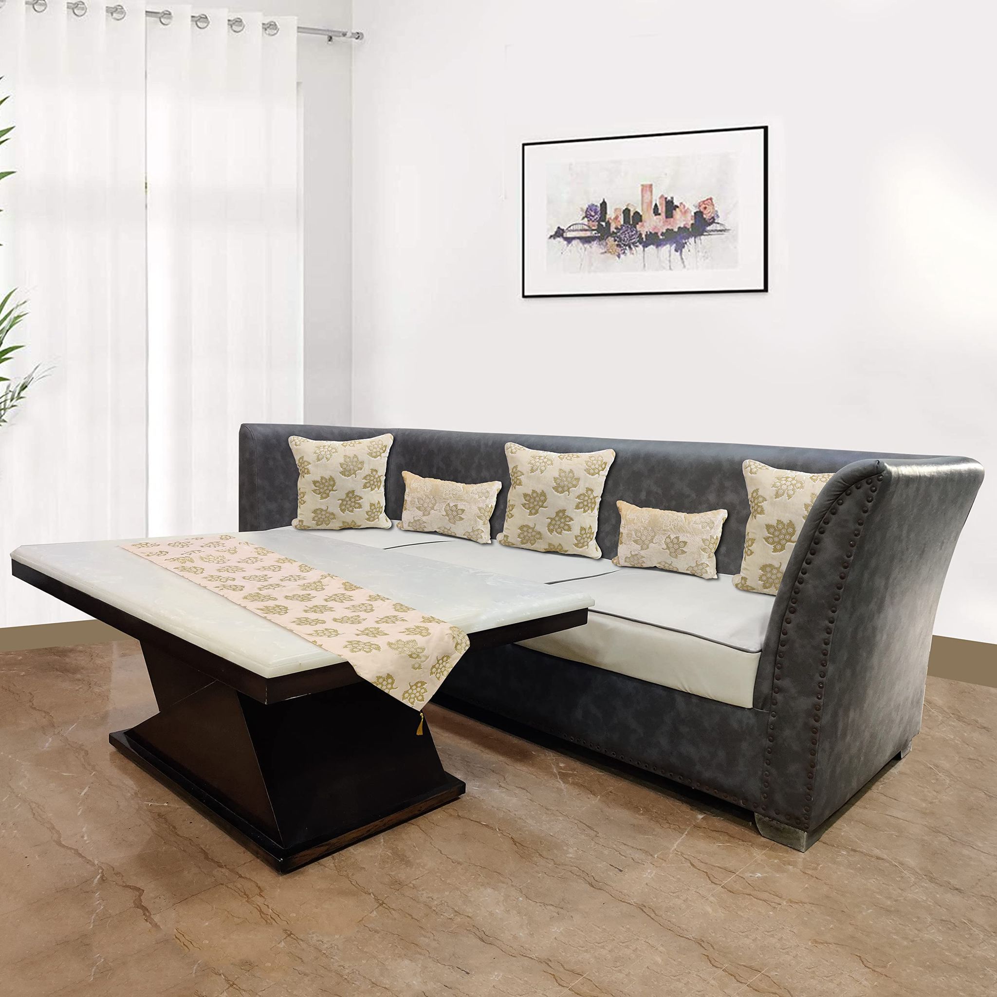 Velvet Table Runner (12inch x 59 inch) with Set of 3 Sofa Cushion Covers (16inch x16 inch) and 2 Sofa Cushion Covers (12inch x18 inch) Decorative Table RunnersI Ivory I