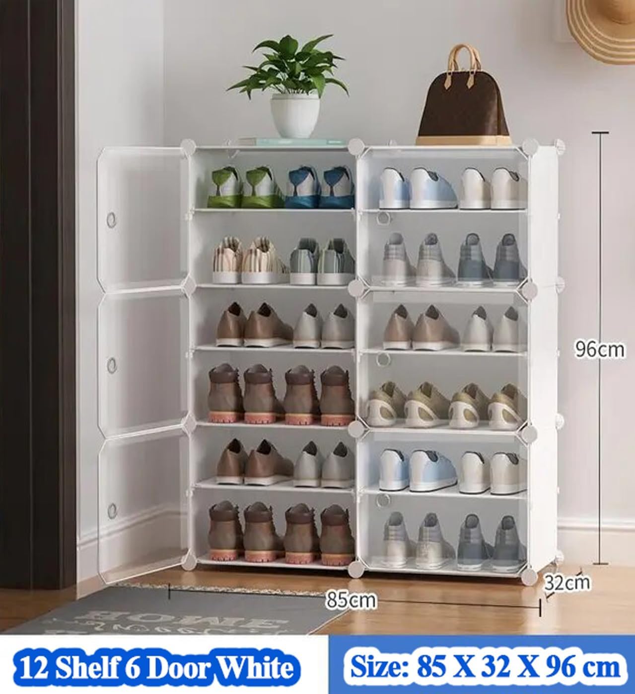 12-Shelf 6-Door Shoe Cabinet, White, 85 x 32 x 96 cm