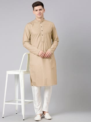 Beige Cotton Dori Embroidery Kurta Set-Made To Measure / Kurta Churidaar Set