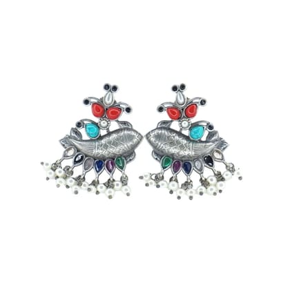 Silver Oxidized Fish Design Earrings for Women Girls