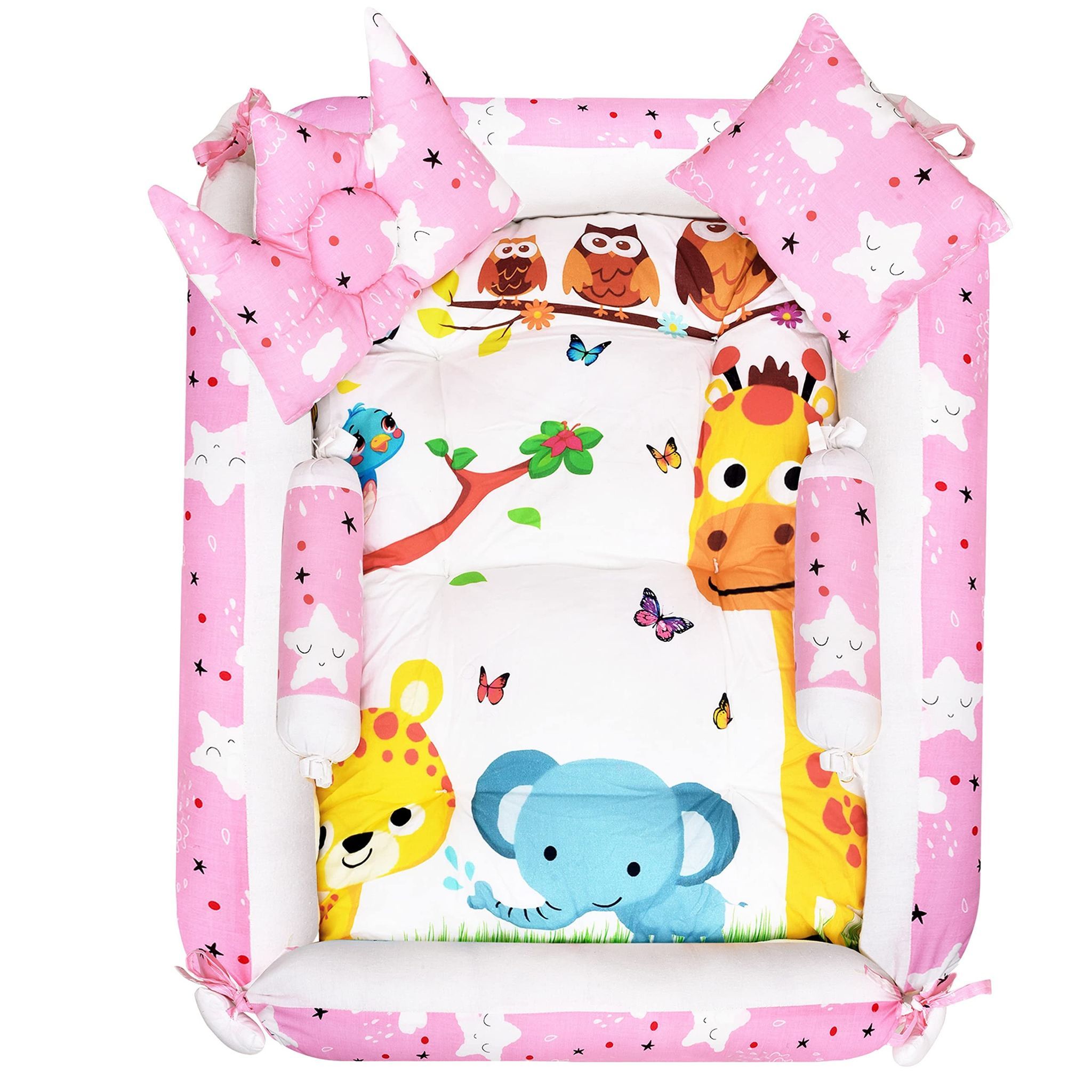 LOREM Multicolor 4 Pillows & Square Shape Cotton Baby Bed for 0-1 Year BB08