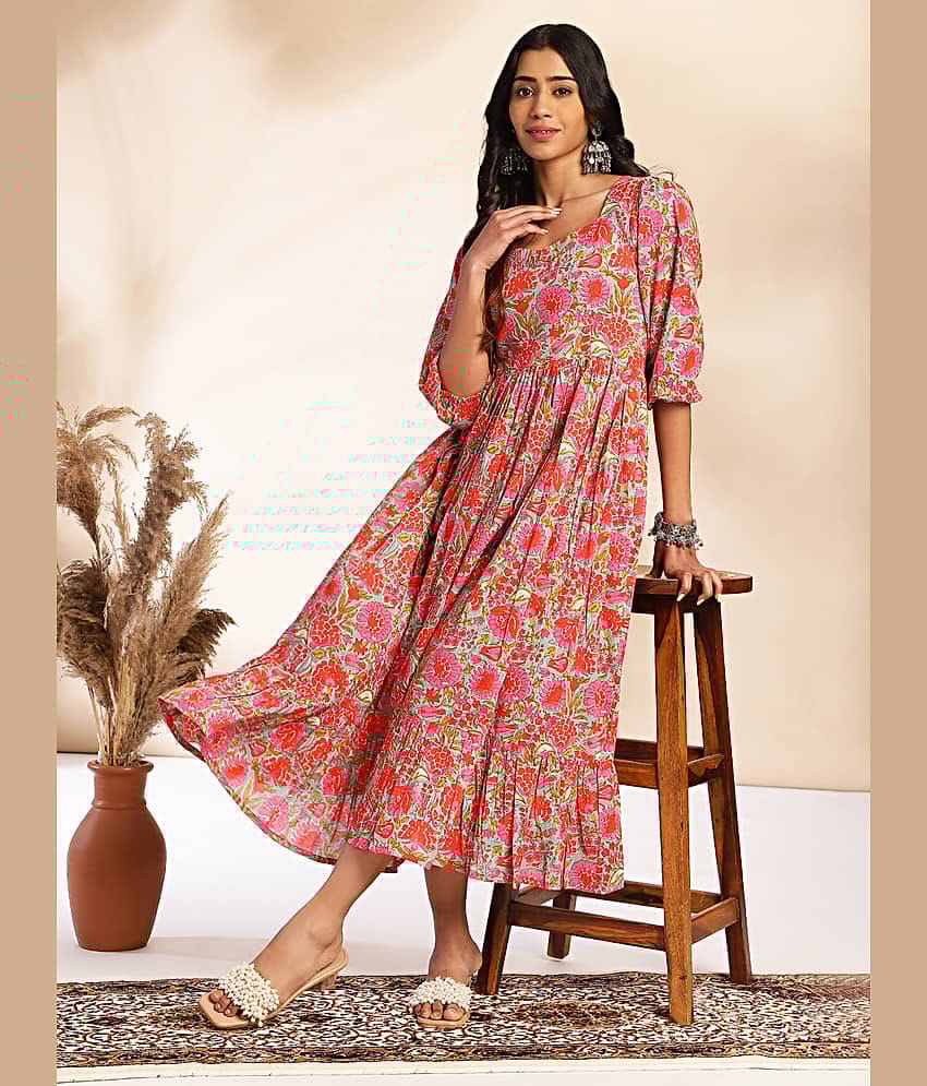 Janasya Women Cotton Printed Fit & Flare Dress ( Multi Color )