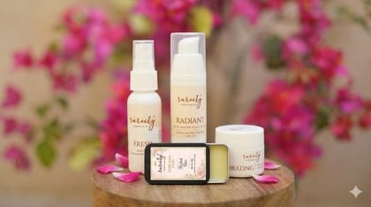 Rareity Skin Care & Rose Solid Perfume Combo | Body Mist, Rice Water Face Wash, Hydrating Face Cream with British Rose Solid Perfume | Travel Friendly Self Care & Fragrance Kit | pack of 4