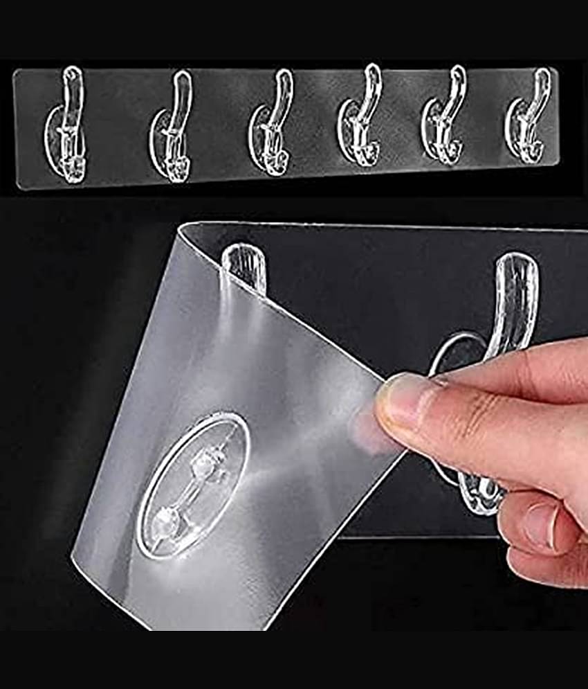 ATIPRIYA Plastic Wall Hanger Hooks for Hanging Clothes Strong Self Adhesive Magic Sticker Home, Kitchen, Office, Bathroom, Bedroom, Door Organizers, Accessories Items Pack of 1 (6 Hooks Hanger),Transparent