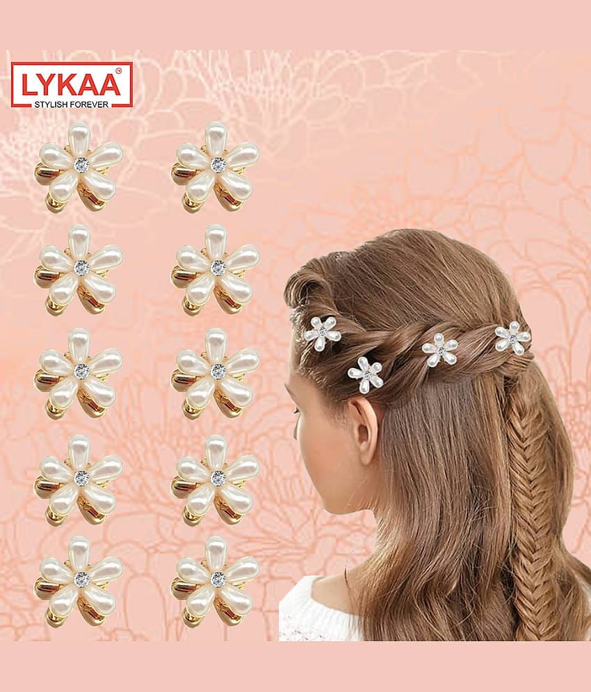 Lykaa Stylish Pearl Flower Hair Claw Fashionable Clips Clutchers Hair Barrettes, Women Girls - 10Pcs