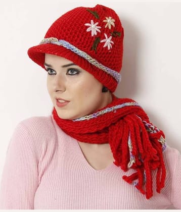 Bizarro.in Red Floral Embroidered Muffler Cap