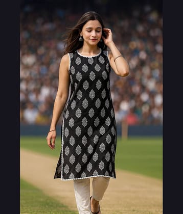 anushansa Women Viscose Rayon Printed Straight Kurti ( Black )
