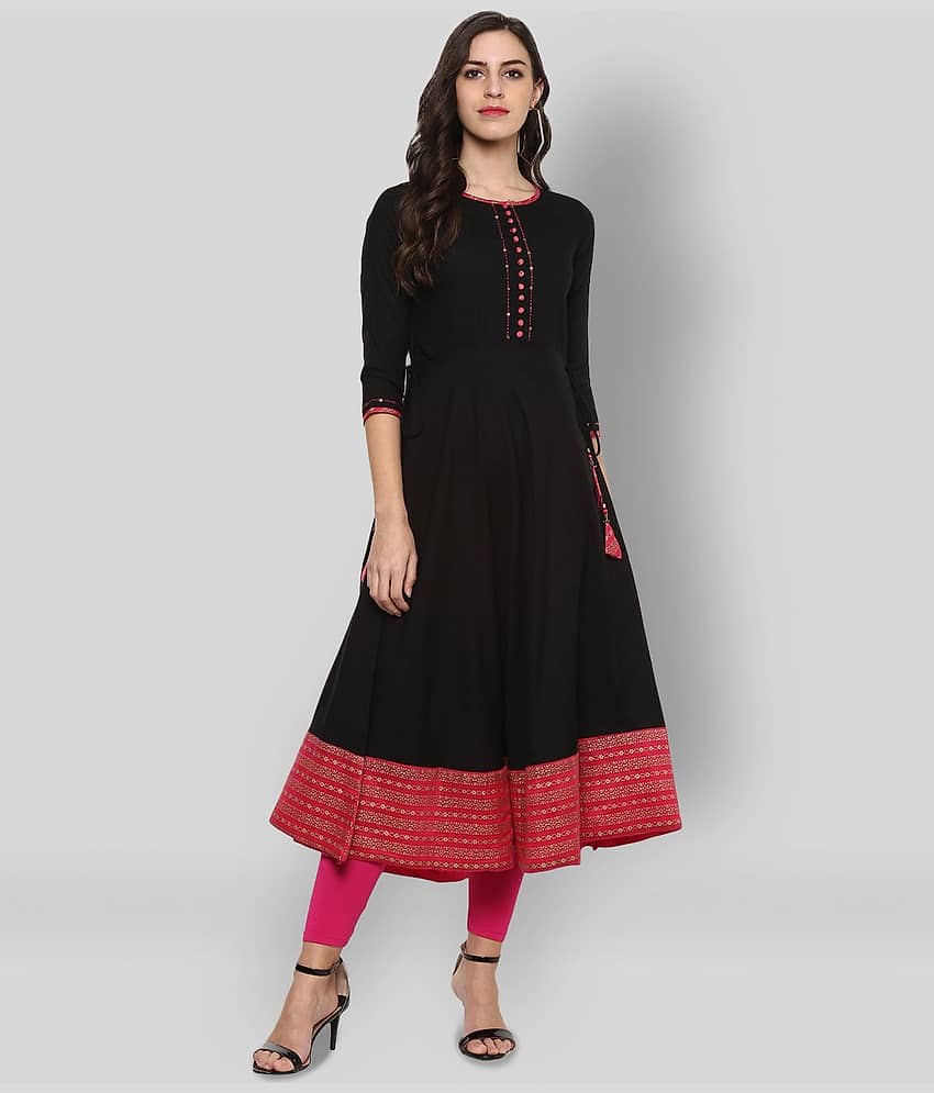 Yash Gallery Pack of 1 Rayon Printed Flared Women's Kurti - ( Black )