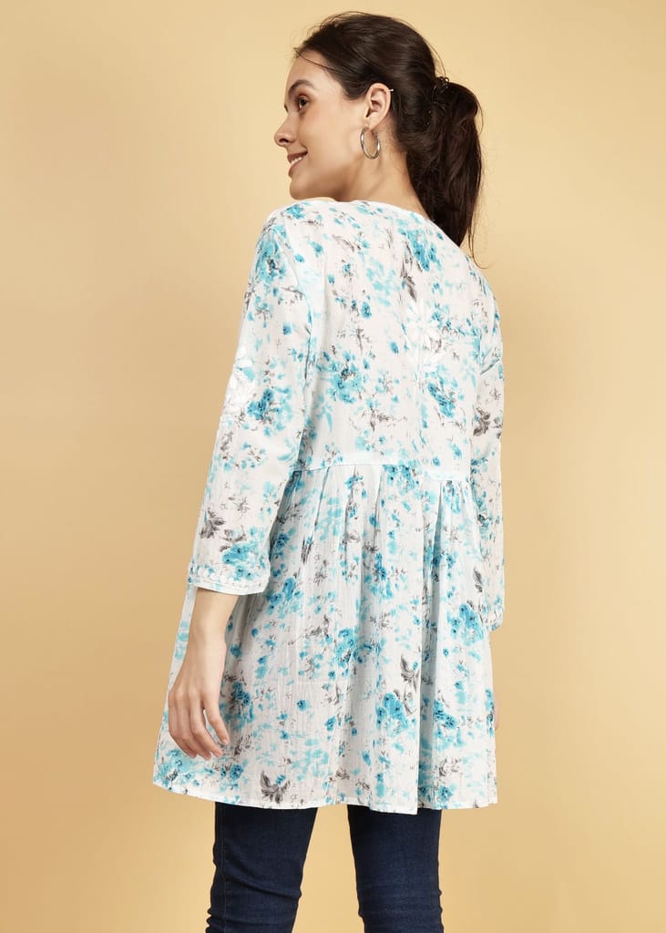 Mulmul Short Frock Style Kurti - Floral Print Blue