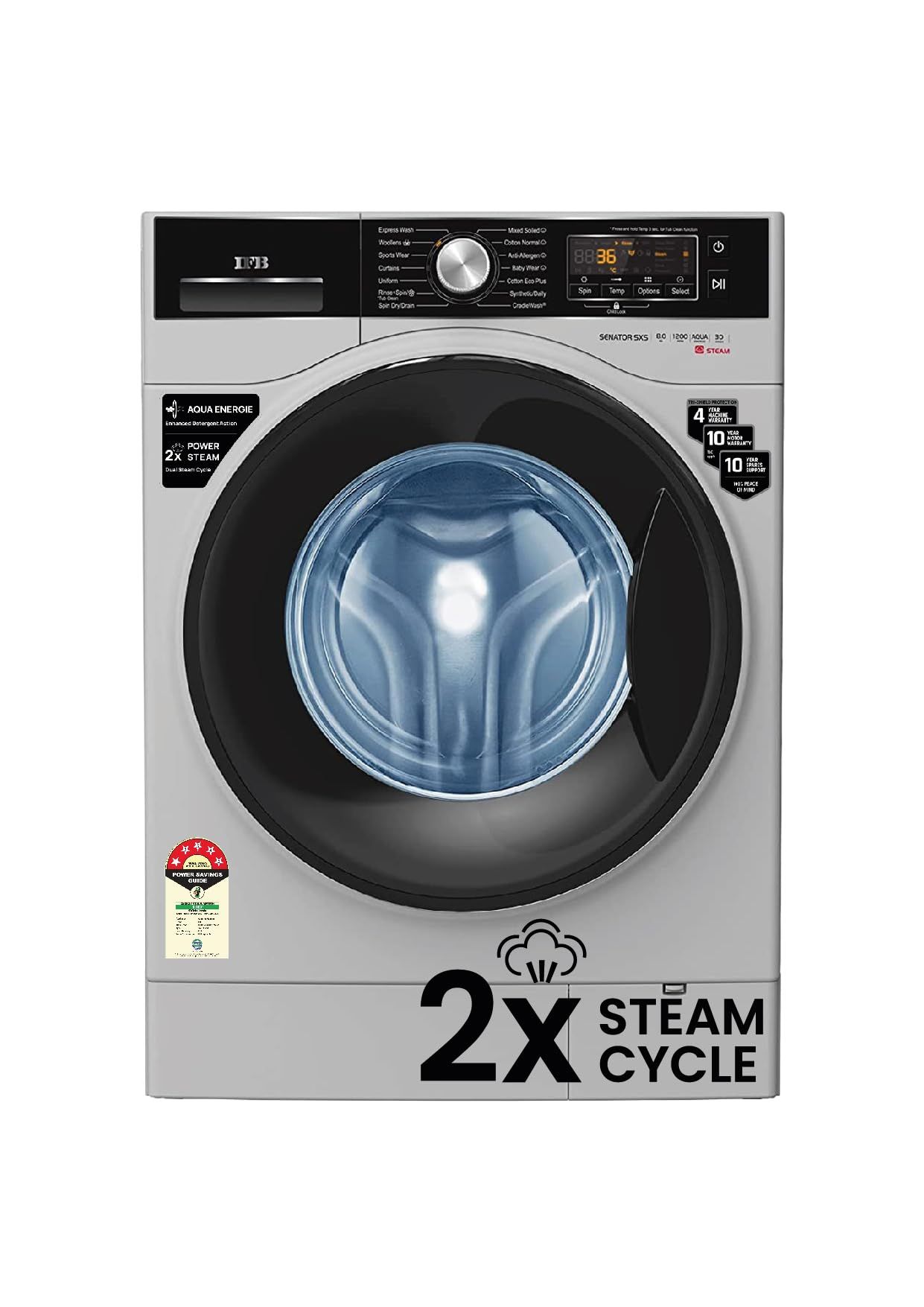 IFB 8 Kg 5 Star Front Load Washing Machine 2X Power Steam (SENATOR SXS 8012, Silver, In-built Heater, 4 years Comprehensive Warranty) IFB 8 Kg 5 Star Front Load Washing Machine 2X Power Steam (SENATOR SXS 8012, Silver, In-built Heater, 4 years Comprehens
