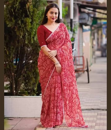 Saadhvi Georgette Printed Saree With Unstitched Blouse Piece ( Red )