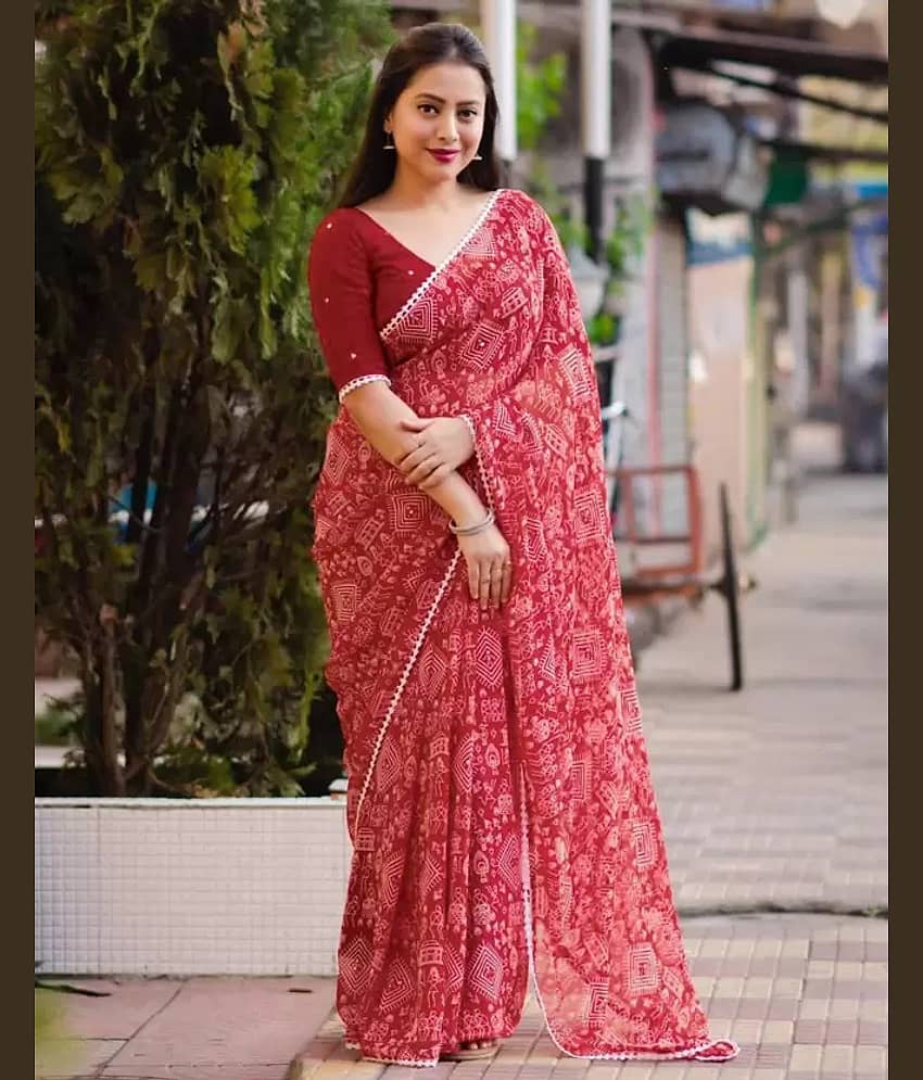 Saadhvi Georgette Printed Saree With Unstitched Blouse Piece ( Red )