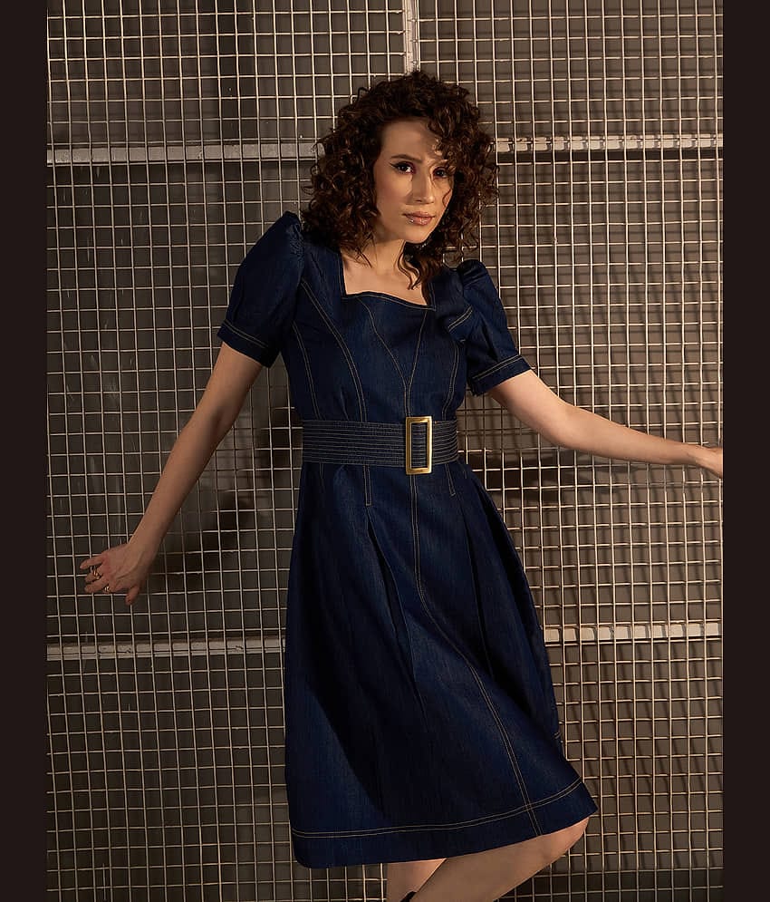 StyleStone Women Denim Solid A-line Dress ( Navy Blue )