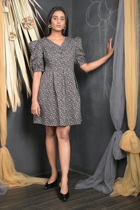 OWO THE LABEL Cotton Dress For Women Black Floral Print Knee Length Dress (OTL-DRS1039)-Black / S