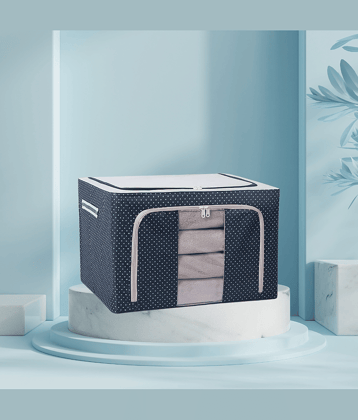 Foldable & Collapsible Large 66L Garment Storage Bag For Wardrobe, Cloth Organizer Clothes Box, Saree Cover Dress Organiser (Pack Of 1) (Oxford Fabric Metal), Blue