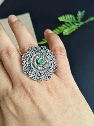 Silver Plated Oxidised Flower Style Adjustable Finger Rings | Sarichka-Green