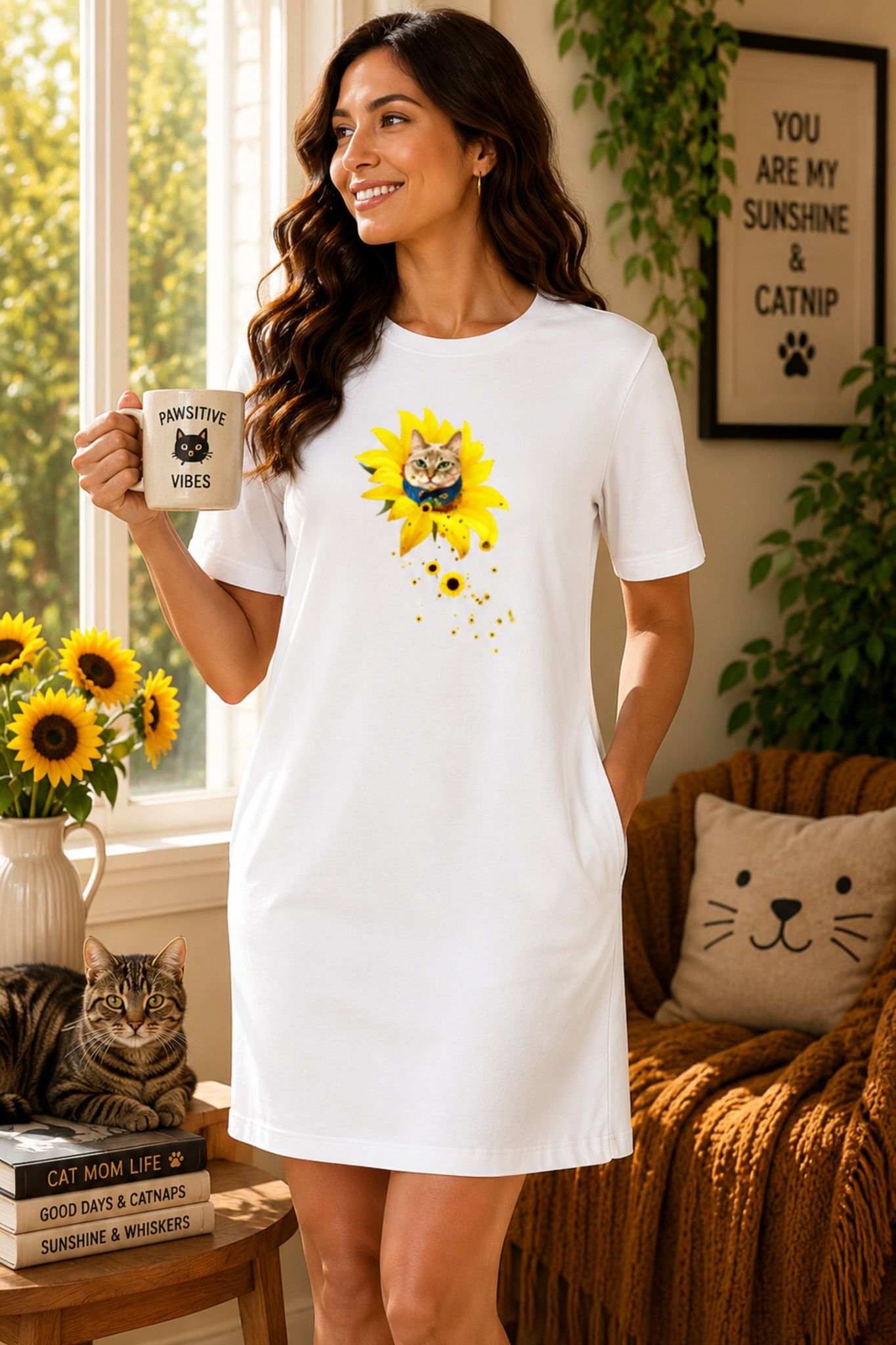 T-shirt Dress With Pockets - A Meowment Of Sunshine (5 Colours) (Slim Fit)