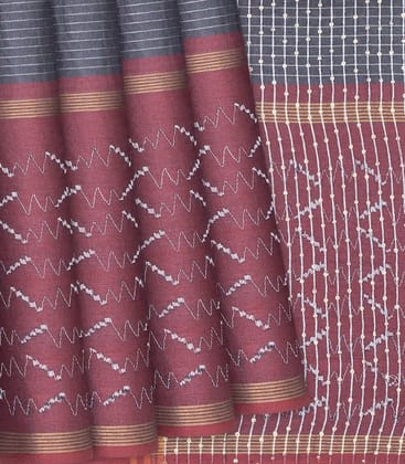 Dark Grey Woven Tussar Silk Saree With Stripes-Dark Grey-Dark Grey