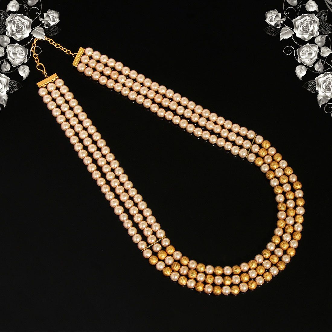 Gold Color Beads Long Necklace (PN741GLD)-Adjustable Chain / Gold / Alloy With Good Quality Gold Plated