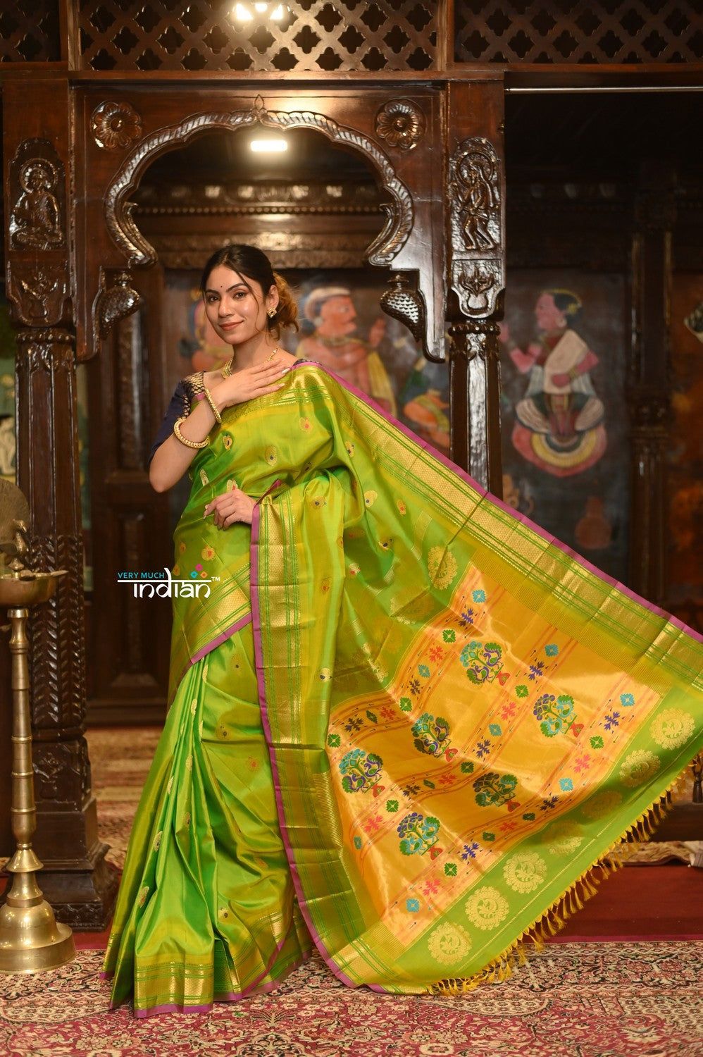 ROYAL WEAVE! Authentic Pure Silk Handloom Fern Green Maharani Paithani With Exclusive Maharani Pallu