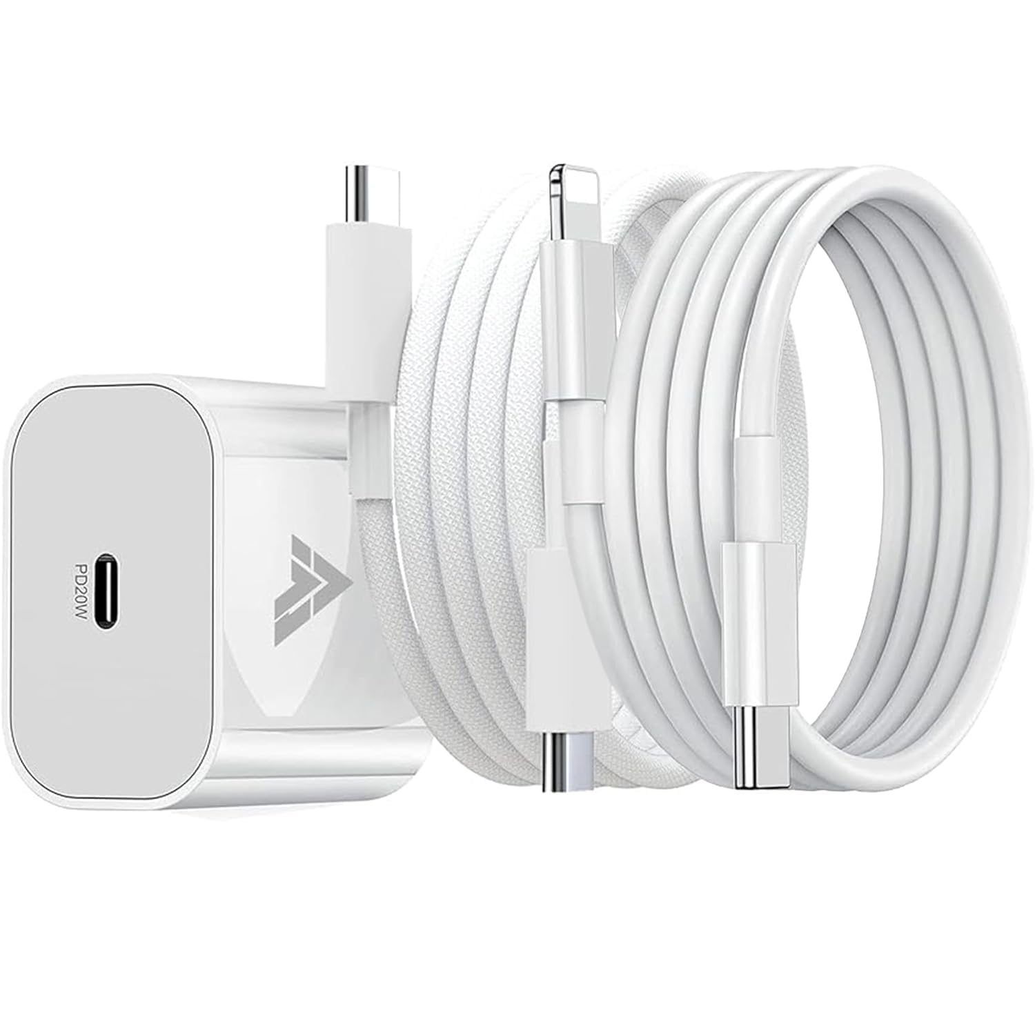 Dr Vaku 20W Fast Charger Adapter for iPhone 17, 16, 15, 14, 13, 12, 11 Series, with 1M Type-C to Lightning Data Cable + 1M Nylon-Braided Type-C to Type-C Data Cable (1 Adapter + 2 Cables)