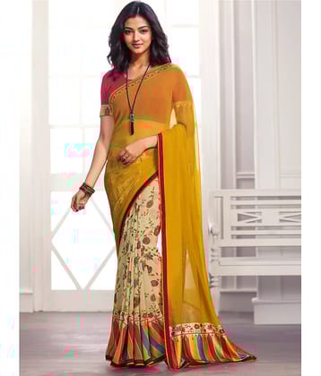 BLEESBURY Georgette Printed Saree With Unstitched Blouse Piece ( Navy Blue )