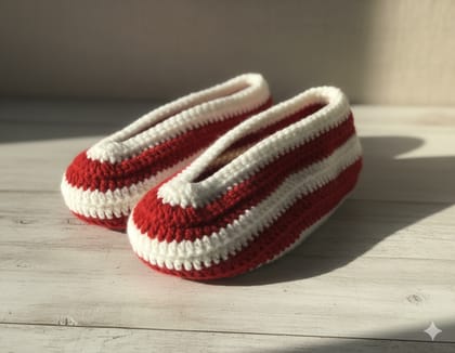 Handcrafted Red & White Woolen Booties for Small Child – Soft Crochet Baby Socks – 1 Pair