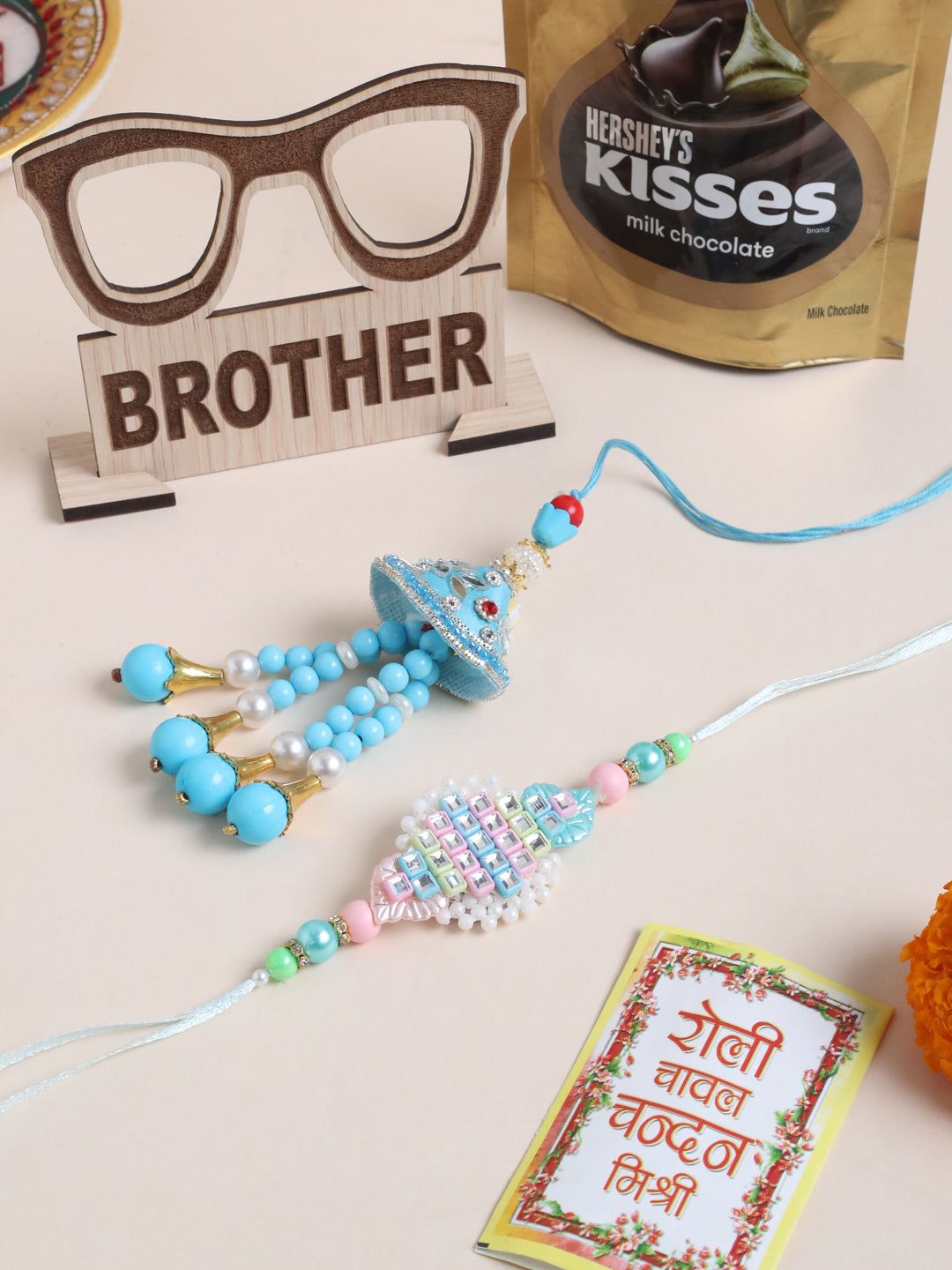 NVR Set of 2 Blue & Pink Artificial Stones & Beads Bhaiya Bhabhi Rakhi Combo-One Size / Multicolor