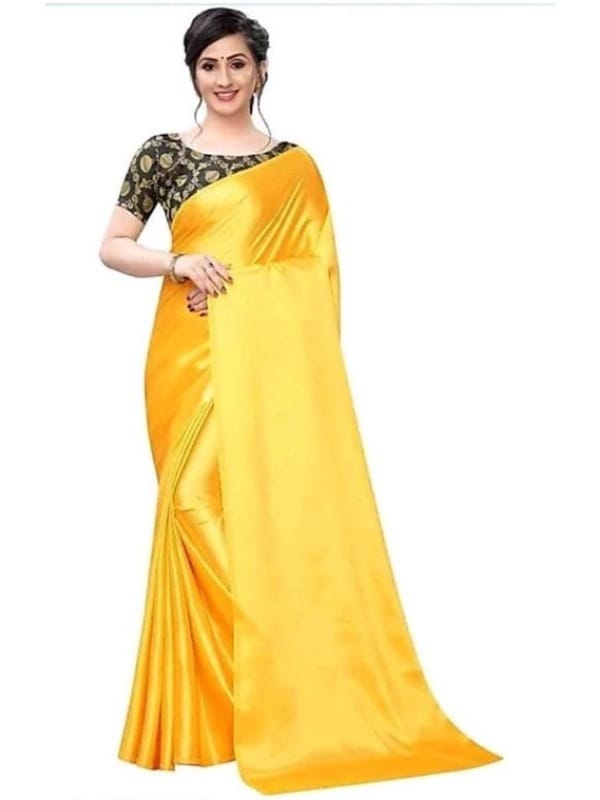 Generic Women's Satin Saree with Blouse (Yellow, 5 - 6 Mtrs)