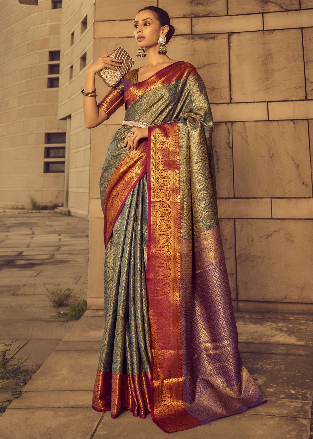Green And Purple Woven Banarasi Brocade Silk Saree
