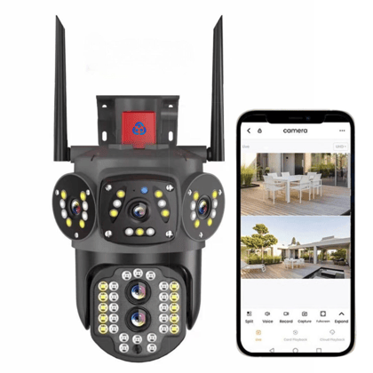 Maizic Smarthome Tricams Dual Lenses 3 Screens View 4MP Each FHD Outdoor Wifi Wireless Camera with Color Night Visoin | Two Way Audio | Motion Detection | PTZ Function | Weatherproof IP66-Black /
