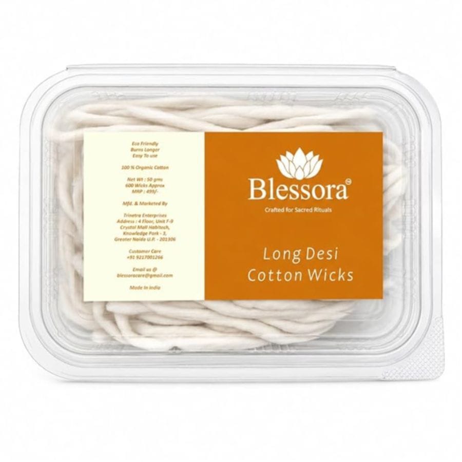 Desi Long Cotton Wicks Diya Batti - White Long Rui for Pooja | Long Lasting Aarti Use | Temple Daily Worship (Pack of 600 Pcs)