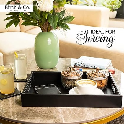 Birch & Co. Wooden Round Tray For Serving - 10 Inch X 15 Inch - Serving Tray - Tray Set For Decoration - Tea Trays - Big Coffee Tray - Premium Mdf Trey - Wooden Serving Trays - Resin Tray,Black
