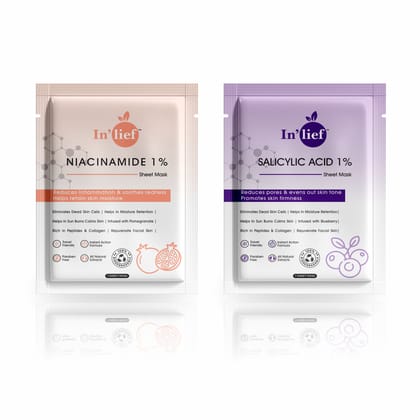 In'Lief Sheet Mask Pack of 2 - 25ml | Niacinamide | Salicylic Acid | Rich in Peptides & Collagen-Pack of 2
