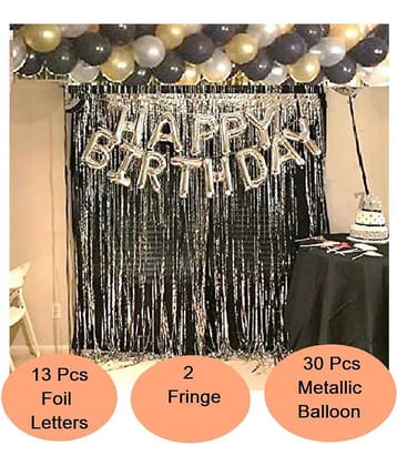 Happy Birthday Letter Foil Balloon Set of Silver + 2Pcs Silver Fringe Curtain (3 X 6 Feet) + Pack of 30 pcs Metallic Balloons (Black, Gold and Silver)