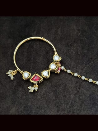 3.5cm diameter 5 kundan nath with pearl beads hanging-Ruby